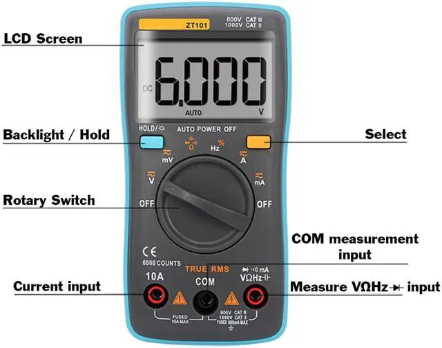 Alt view image 3 of 7 - Auto-Ranging True RMS Digital Multimeter 6000 Counts & Backlit LCD Display, Measures AC/DC Voltage & Current, Resistance, Capacitance, Frequency, Duty Cycle, Diode, Continuity