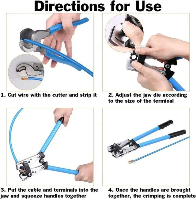 Alt view image 3 of 6 - Battery Cable Lug Wire Crimper and Cable Cutter for 0, 1, 2, 4, 6, 8, 10 AWG - Professional Electrician Crimping Tool Kit