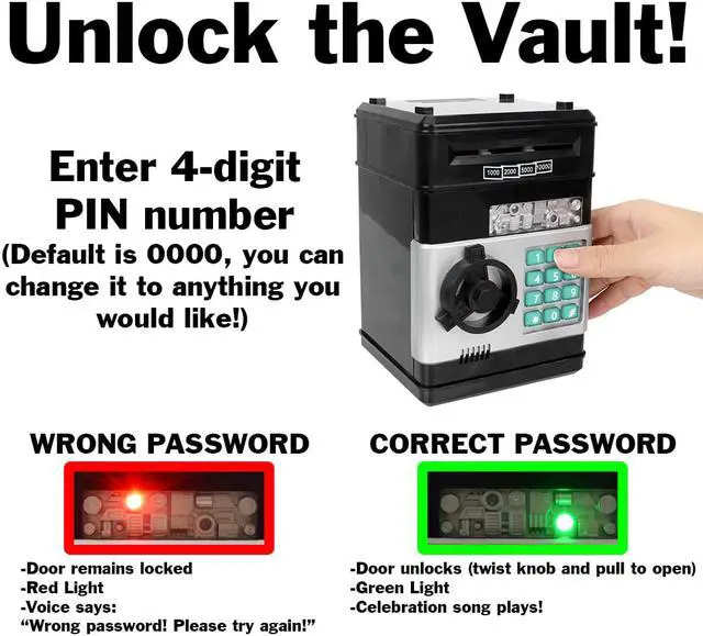Alt view image 3 of 6 - Cash Vault for Kids - Password Protect Your Bills and Coins - Bank Safe Features Sound Effects, Lights, and Music