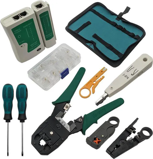 Main image of 9-in-1 Network Toolkit with RJ45 Ethernet Crimping Tool, Krone Type Punch Down Tool, Networking Cable Tester, RJ45 Connectors, Wire Strippers, and Screwdrivers with Carrying Case
