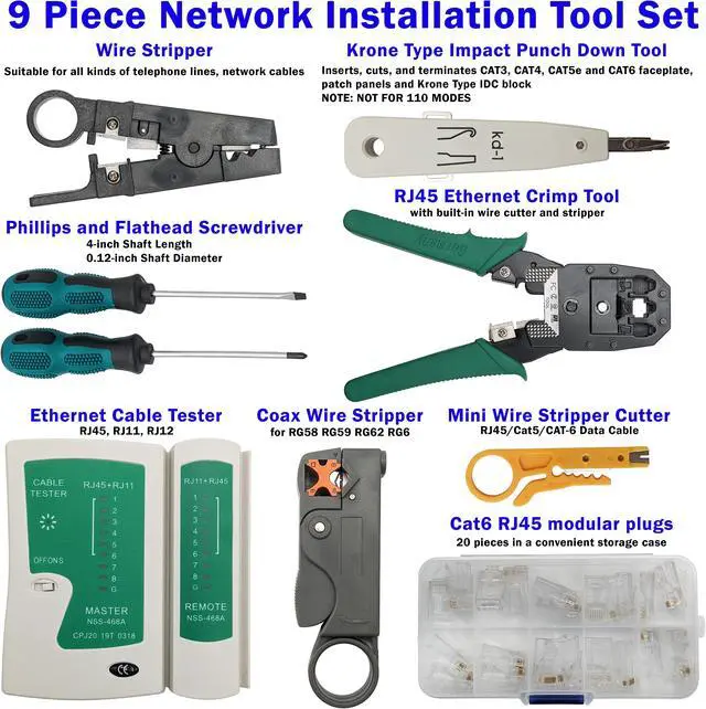 Alt view image 2 of 7 - 9-in-1 Network Toolkit with RJ45 Ethernet Crimping Tool, Krone Type Punch Down Tool, Networking Cable Tester, RJ45 Connectors, Wire Strippers, and Screwdrivers with Carrying Case