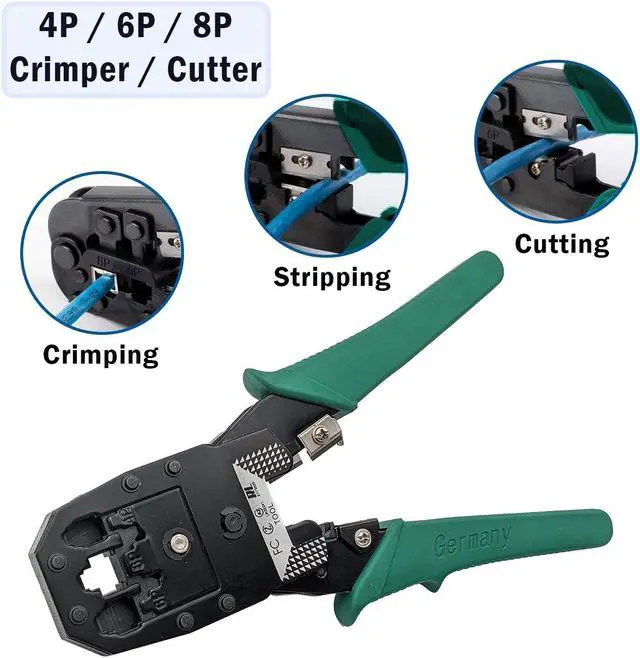 Alt view image 3 of 7 - 9-in-1 Network Toolkit with RJ45 Ethernet Crimping Tool, Krone Type Punch Down Tool, Networking Cable Tester, RJ45 Connectors, Wire Strippers, and Screwdrivers with Carrying Case