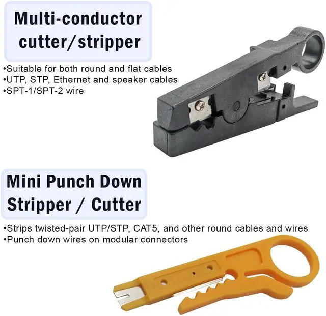 Alt view image 6 of 7 - 9-in-1 Network Toolkit with RJ45 Ethernet Crimping Tool, Krone Type Punch Down Tool, Networking Cable Tester, RJ45 Connectors, Wire Strippers, and Screwdrivers with Carrying Case