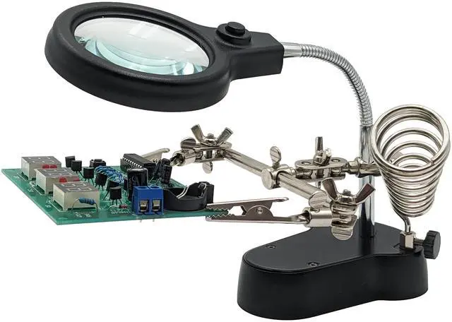 Main image of Helping Hand Project Holder with Flexible 2.5x Magnifying Glass, LED Lights, and Soldering Iron Holder