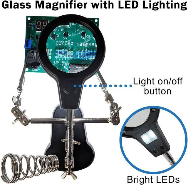 Alt view image 2 of 6 - Helping Hand Project Holder with Flexible 2.5x Magnifying Glass, LED Lights, and Soldering Iron Holder