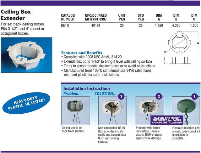 Alt view image 3 of 4 - iMBAPrice BE1R-2 (2-Pack) 1-Gang 4.35-Inch x 1.5-Inch Plastic Electrical Ceiling Box Extender for 3.5" and 4" Round or O