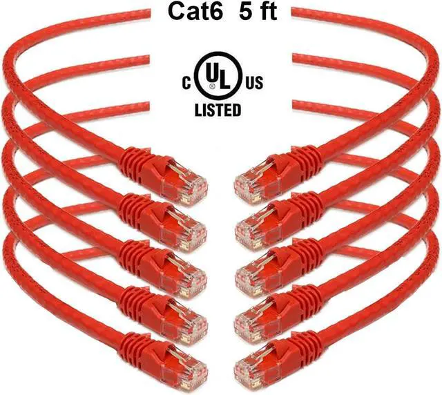 Main image of iMBAPrice 5 Feet Cat6 Cable - Premium Grade RJ45 Ethernet Snagless Patch Cord (Pack of 5) Red