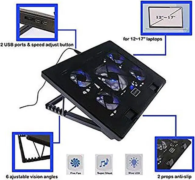 Alt view image 3 of 4 - iMBAPrice - Quiet Portable 12" - 17" Laptop Cooler Cooling Pad - Ultra Slim 2xUSB Powered (5 Fans) with Adjustable Heigh