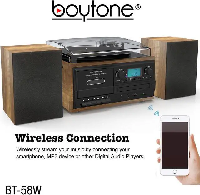 Alt view image 5 of 7 - Boytone BT-58W Bluetooth Record Player Turntable with CD Player, Convert LP Vinyl, CD to MP3 Player, Cassette, AM/FM Radio, Aux, USB/SD Encoding, Remote Control, Audio Music Player Built in Amplifier