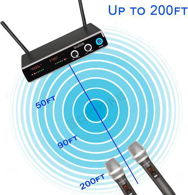 Alt view image 2 of 7 - Boytone BT-102UM UHF Digital Wireless Microphone System  Dual Fixed Frequency Wireless Mic Receiver, 2 Metal Handheld Dynamic Transmitter Mics, for Party, Church, Aluminum Carrying Cases, 110/220V