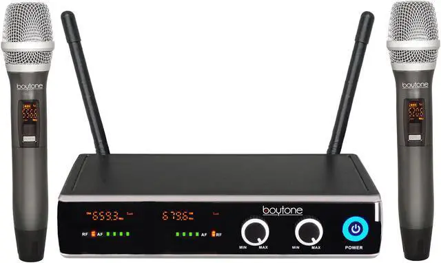 Alt view image 6 of 7 - Boytone BT-102UM UHF Digital Wireless Microphone System  Dual Fixed Frequency Wireless Mic Receiver, 2 Metal Handheld Dynamic Transmitter Mics, for Party, Church, Aluminum Carrying Cases, 110/220V
