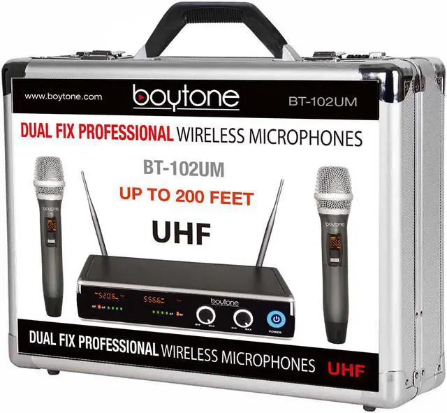 Alt view image 7 of 7 - Boytone BT-102UM UHF Digital Wireless Microphone System  Dual Fixed Frequency Wireless Mic Receiver, 2 Metal Handheld Dynamic Transmitter Mics, for Party, Church, Aluminum Carrying Cases, 110/220V