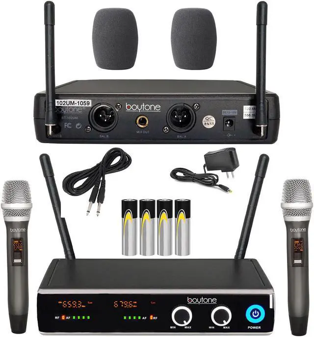 Alt view image 5 of 7 - Boytone BT-102UM UHF Digital Wireless Microphone System  Dual Fixed Frequency Wireless Mic Receiver, 2 Metal Handheld Dynamic Transmitter Mics, for Party, Church, Aluminum Carrying Cases, 110/220V