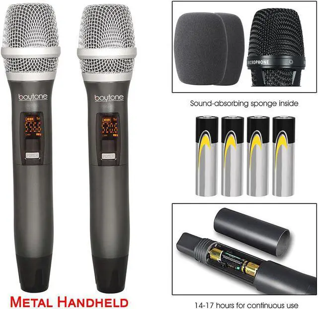 Alt view image 4 of 7 - Boytone BT-102UM UHF Digital Wireless Microphone System  Dual Fixed Frequency Wireless Mic Receiver, 2 Metal Handheld Dynamic Transmitter Mics, for Party, Church, Aluminum Carrying Cases, 110/220V