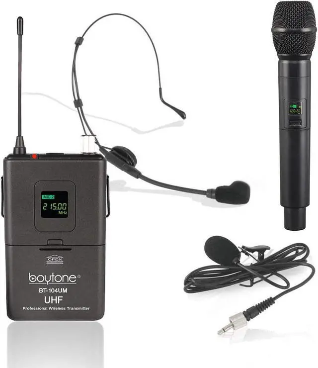 Alt view image 2 of 7 - Boytone BT-104UM, UHF Wireless Microphone System, Dual fix Channel Handheld Dynamic Mics / Lapel /Headset / Body pack, for Home Party, Meeting, Wedding, Church, with Aluminum Carrying case, 110/220