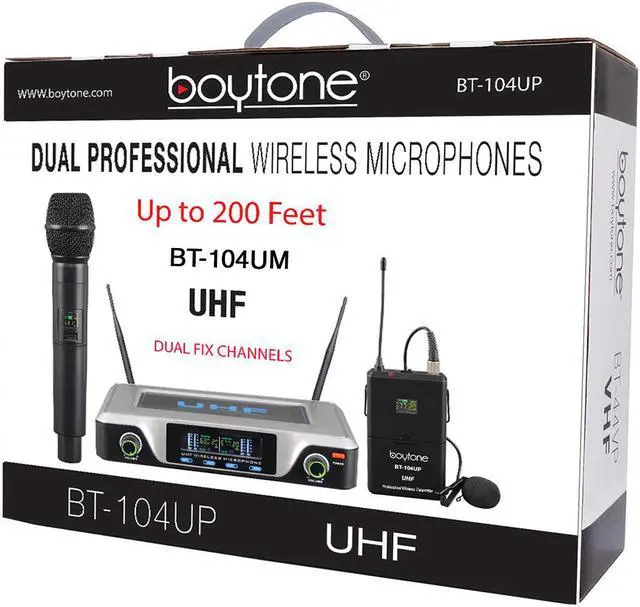 Alt view image 7 of 7 - Boytone BT-104UM, UHF Wireless Microphone System, Dual fix Channel Handheld Dynamic Mics / Lapel /Headset / Body pack, for Home Party, Meeting, Wedding, Church, with Aluminum Carrying case, 110/220
