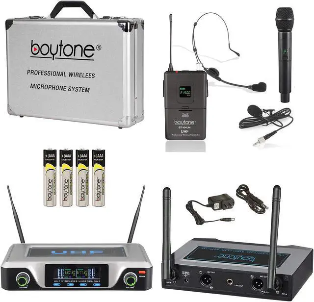 Alt view image 5 of 7 - Boytone BT-104UM, UHF Wireless Microphone System, Dual fix Channel Handheld Dynamic Mics / Lapel /Headset / Body pack, for Home Party, Meeting, Wedding, Church, with Aluminum Carrying case, 110/220