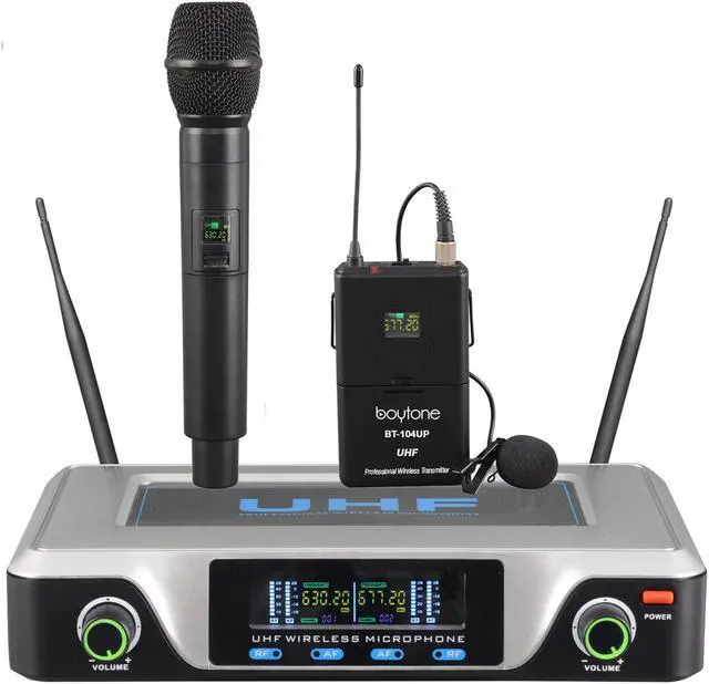 Alt view image 3 of 7 - Boytone BT-104UM, UHF Wireless Microphone System, Dual fix Channel Handheld Dynamic Mics / Lapel /Headset / Body pack, for Home Party, Meeting, Wedding, Church, with Aluminum Carrying case, 110/220