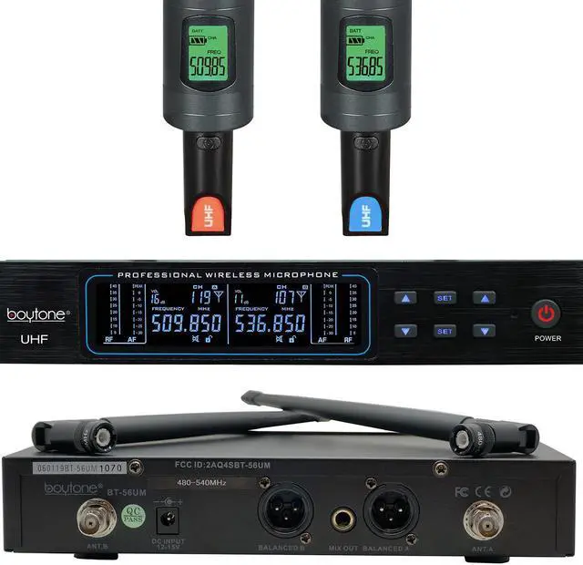 Alt view image 2 of 7 - Boytone BT-56UM 120-Channel Dynamic Dual UHF Wireless Microphone System, Metal Cordless Mic and Base Set, Long Distance 200-240Ft,16 Hours Continuous Use for Concert, Studio, Party, Church, Karaoke