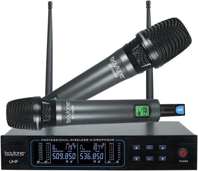 Main image of Boytone BT-56UM 120-Channel Dynamic Dual UHF Wireless Microphone System, Metal Cordless Mic and Base Set, Long Distance 200-240Ft,16 Hours Continuous Use for Concert, Studio, Party, Church, Karaoke