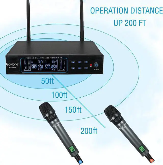 Alt view image 6 of 7 - Boytone BT-56UM 120-Channel Dynamic Dual UHF Wireless Microphone System, Metal Cordless Mic and Base Set, Long Distance 200-240Ft,16 Hours Continuous Use for Concert, Studio, Party, Church, Karaoke