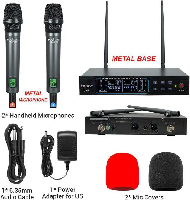 Alt view image 5 of 7 - Boytone BT-56UM 120-Channel Dynamic Dual UHF Wireless Microphone System, Metal Cordless Mic and Base Set, Long Distance 200-240Ft,16 Hours Continuous Use for Concert, Studio, Party, Church, Karaoke
