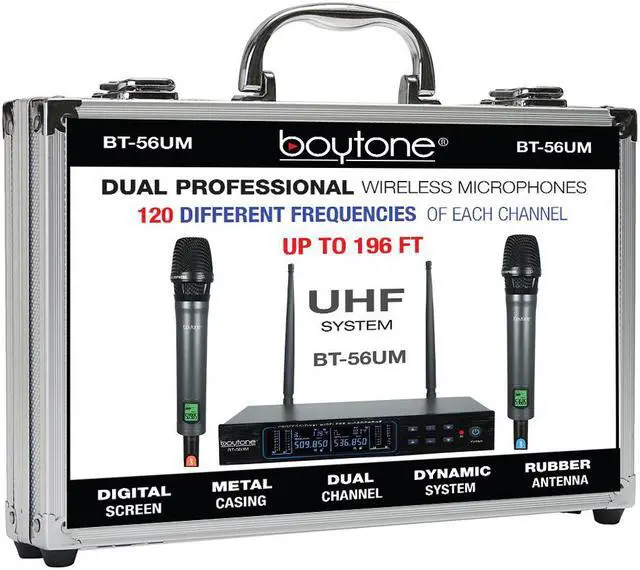 Alt view image 7 of 7 - Boytone BT-56UM 120-Channel Dynamic Dual UHF Wireless Microphone System, Metal Cordless Mic and Base Set, Long Distance 200-240Ft,16 Hours Continuous Use for Concert, Studio, Party, Church, Karaoke