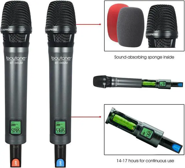 Alt view image 4 of 7 - Boytone BT-56UM 120-Channel Dynamic Dual UHF Wireless Microphone System, Metal Cordless Mic and Base Set, Long Distance 200-240Ft,16 Hours Continuous Use for Concert, Studio, Party, Church, Karaoke