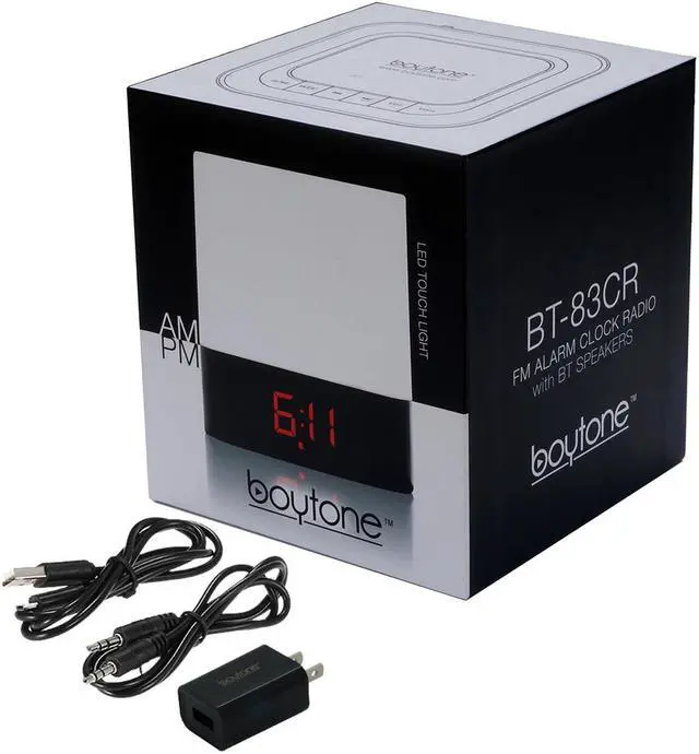 Alt view image 5 of 5 - Boytone BT-83CR Portable FM Radio Alarm Clock Wireless Bluetooth 4.1 Speaker, 3-Way Night Light Touch Lamp, Built–in 8 Hours Play Rechargeable Battery, LED, Mic, USB & Micro SD Slot, AUX, 110/220