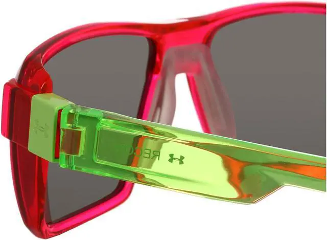 Alt view image 3 of 6 - Under Armour UA Recon Rectangle Sunglasses Crystal Magenta / Neon Lime Green Frame / Gray Multiflection Mirror Lens
