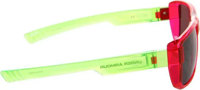 Alt view image 5 of 6 - Under Armour UA Recon Rectangle Sunglasses Crystal Magenta / Neon Lime Green Frame / Gray Multiflection Mirror Lens