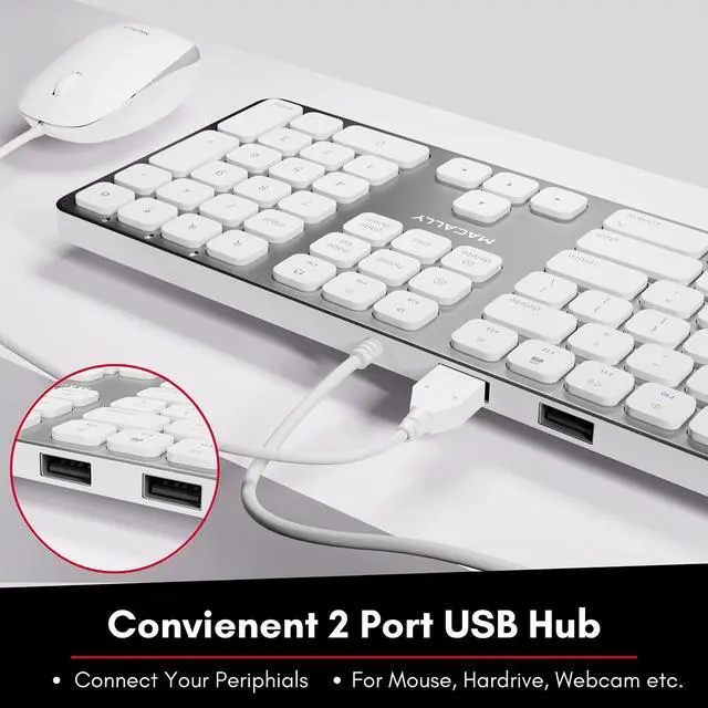 Alt view image 3 of 14 - Macally Mac Keyboard Full-Size & Number Keypad (Metal Frame) 2 USB Ports Hub & Wired USB Cable - Apple Computer Keyboards for Mac, Pro, MacBook, Pro, Air Laptops (Silver Aluminum) MLUXKEYA