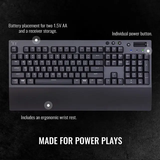 Alt view image 6 of 6 - Thermaltake W1 Wireless Gaming Keyboard Cherry MX Blue, 2.4GH per Minute, Bluetooth 4.2, Low Energy Technology, USB Type-C Connection. GKB-WOW-BLSNUS-01