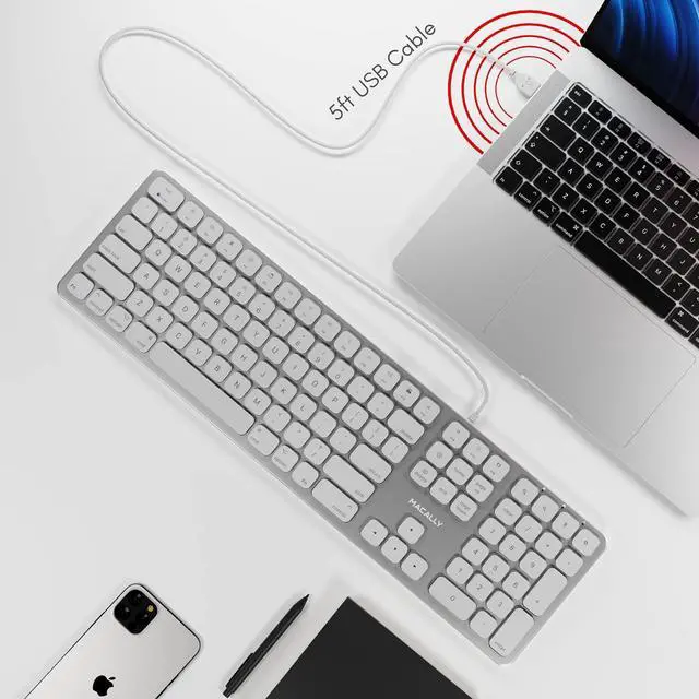 Alt view image 5 of 14 - Macally Mac Keyboard Full-Size & Number Keypad (Metal Frame) 2 USB Ports Hub & Wired USB Cable - Apple Computer Keyboards for Mac, Pro, MacBook, Pro, Air Laptops (Silver Aluminum) MLUXKEYA