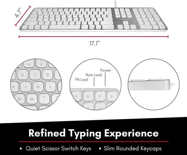 Alt view image 7 of 14 - Macally Mac Keyboard Full-Size & Number Keypad (Metal Frame) 2 USB Ports Hub & Wired USB Cable - Apple Computer Keyboards for Mac, Pro, MacBook, Pro, Air Laptops (Silver Aluminum) MLUXKEYA