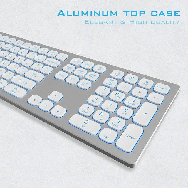 Alt view image 2 of 7 - POWZAN Aluminum Quiet Wired Keyboard Backlit- Slim Chiclet Key Compatible with Apple iMac, MacBook, Mac and PC, USB Keyboard Numeric Keypad RGB Lighted Key - Silver White