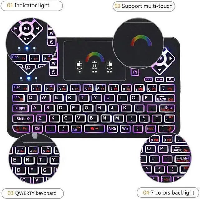 Alt view image 5 of 7 - Mini Wireless Keyboard,Q9 Mini Keyboard with Touchpad,Colorful Backlit Small Wireless Keyboard,Mini Rechargeable Handheld Remote Keyboard for PC,Raspberry Pi 4, Android TV Box,KODI,Windows 7 8 10