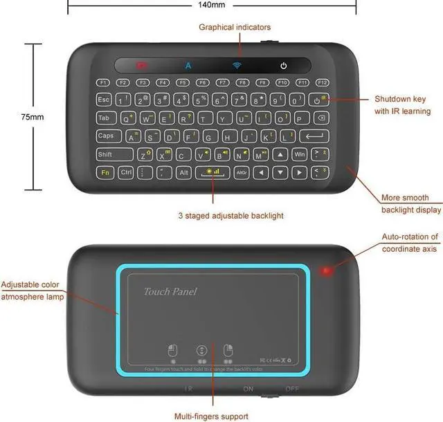 Alt view image 4 of 7 - Mini Wireless Keyboard,H20 Mini Keyboard with Touchpad,Backlit Small Wireless Keyboard,Full Size Touchpad,Handheld IR Remote Keyboard for Android TV Box Windows PC,HTPC,IPTV,PC,Raspberry Pi