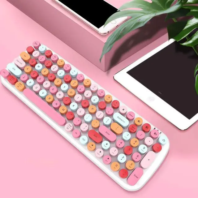 Alt view image 6 of 7 - Wireless Bluetooth Keyboard, Portable 100-Key Typewriter Retro Round Keycaps Keyboard, Compatible with iOS, Android, Windows, PC, Perfect for Home/School/Office/Travel Keyboards (Lipstick Colors)