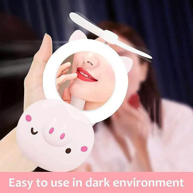Alt view image 5 of 7 - small desk fan, Mini USB Fan Pig Beauty Mirror With Beauty Light Portable Rechargeable Fan Mini Handheld Pocket Air Cooler Desk Quiet USB Cable Personal Cute Pink Fan Small Fan (A) ( Color : A )
