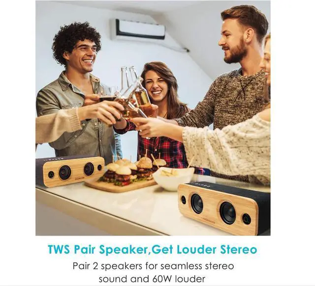 Alt view image 2 of 4 - AOMAIS LIFE 30W Bluetooth Speakers, Loud Bamboo Wood Home Audio Wireless Speaker with Super Bass