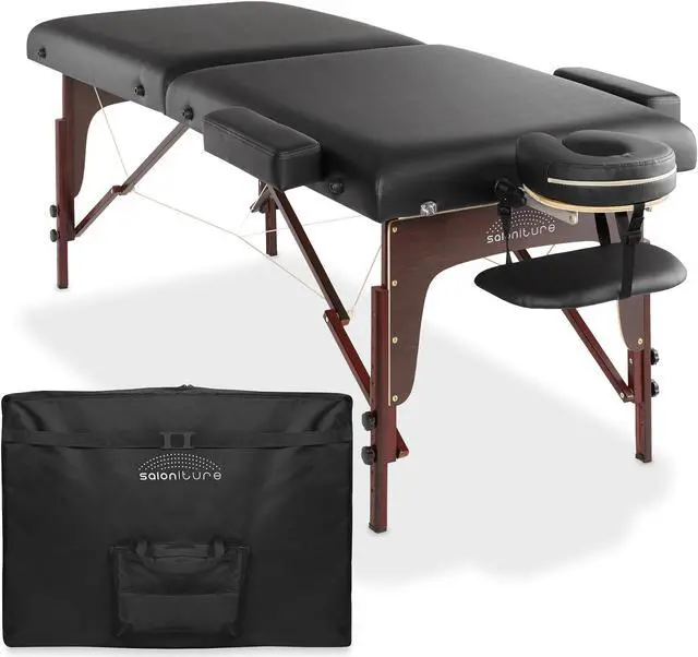 Main image of Saloniture Professional Portable Lightweight Bi-Fold Memory Foam Massage Table with Reiki Panels  - Includes Headrest, Face Cradle, Armrests and Carrying Case - Black