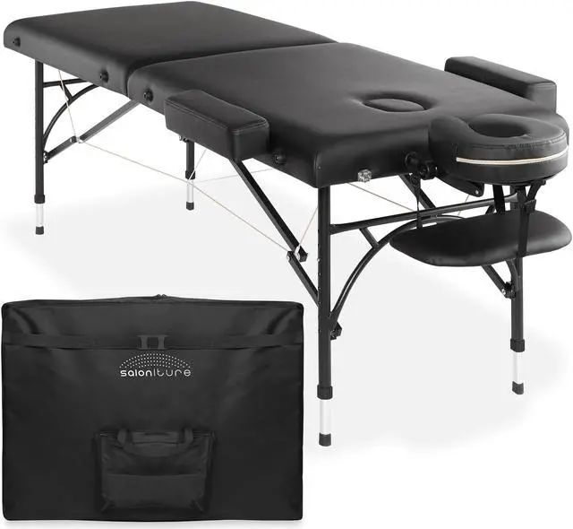 Main image of Saloniture Professional Portable Lightweight Bi-Fold Massage Table with Aluminum Legs - Includes Headrest, Face Cradle, Armrests and Carrying Case - Black