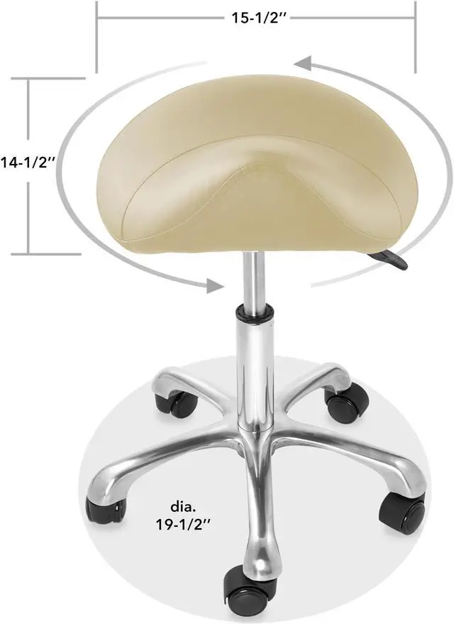 Alt view image 6 of 6 - Saloniture Professional Ergonomic Saddle Stool, Cream - Adjustable Hydraulic Seat, Rolling Spa Salon Chair with Swivel Wheels