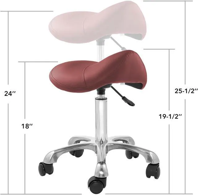 Alt view image 5 of 6 - Saloniture Professional Ergonomic Saddle Stool, Burgundy - Adjustable Hydraulic Seat, Rolling Spa Salon Chair with Swivel Wheels