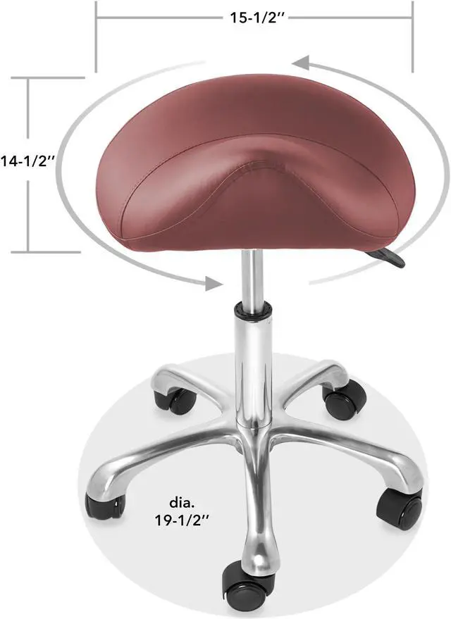 Alt view image 6 of 6 - Saloniture Professional Ergonomic Saddle Stool, Burgundy - Adjustable Hydraulic Seat, Rolling Spa Salon Chair with Swivel Wheels