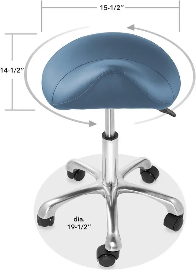 Alt view image 6 of 6 - Saloniture Professional Ergonomic Saddle Stool, Blue - Adjustable Hydraulic Seat, Rolling Spa Salon, Massage, and Medical Office Chair with Swivel Wheels