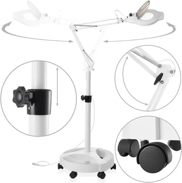 Alt view image 5 of 6 - Saloniture 6 Wheel Rolling Base Magnifying LED Floor Lamp - Adjustable 3X Magnifier with Dimmable Lights for Lashes, Facials, Salon, Esthetician Spa, and Crafts