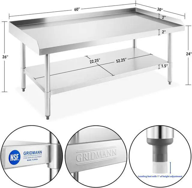 Alt view image 5 of 5 - GRIDMANN NSF 16-Gauge Stainless Steel 60"L x 30"W x 24"H Equipment Stand Grill Table with Undershelf for Commercial Restaurant Kitchen