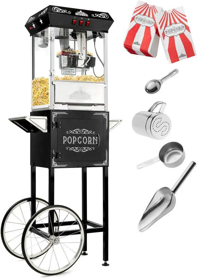 Alt view image 2 of 6 - Olde Midway Vintage Style Popcorn Machine Maker Popper with Cart and 8-Ounce Kettle - Black